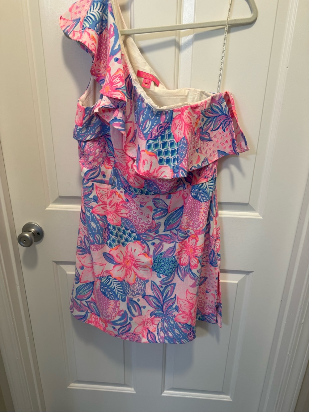 Lilly Pulitzer- One-Shoulder Pink & Blue Floral Ruffle skort/dress. Sz 14 - Picture 2 of 4
